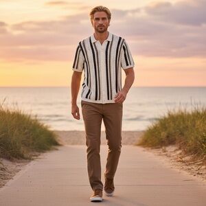 Old Navy XL Open Knit Crochet Button Up Shirt Cream Black Brown Short Sleeve